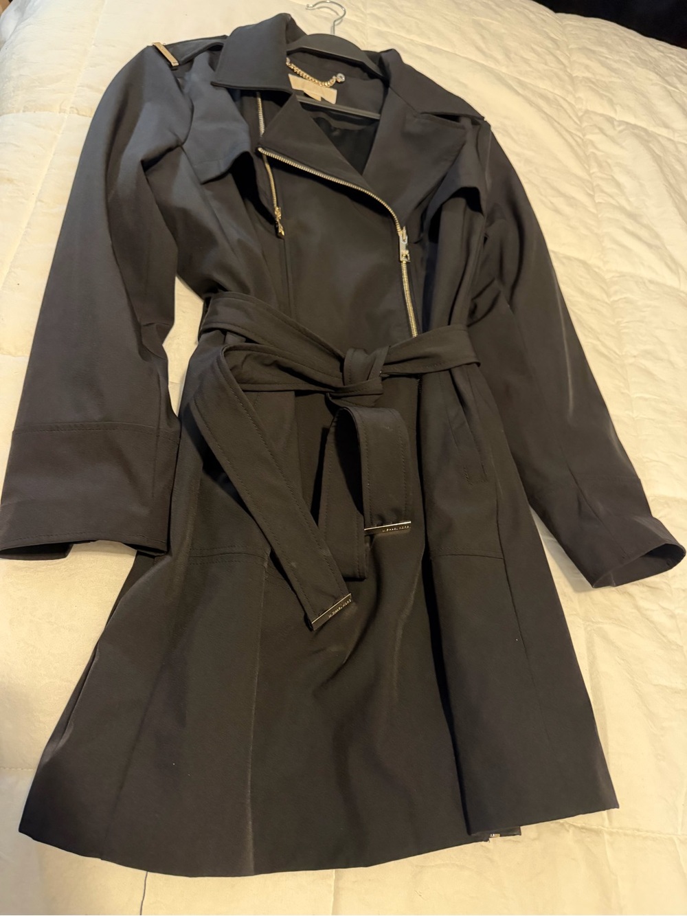 Michael Kors Black Trench Coat with Belt and Gold Zipper Accents